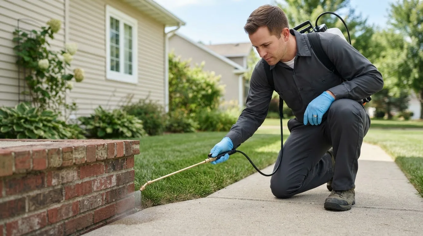 Pest control technician treating a home near Clackamas, OR